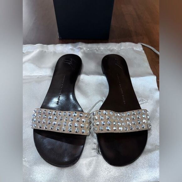Giuseppe Zanotti Tan Suede Rhinestone Flat Slip-on Sandals 37 / US 6.5 Italy - Picture 10 of 11